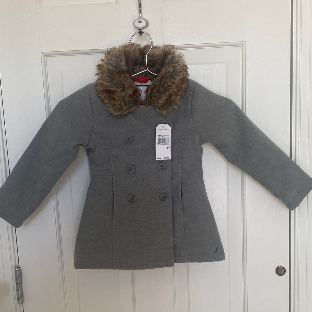 Gray Double-Breasted Kids Coat with Faux Fur Collar